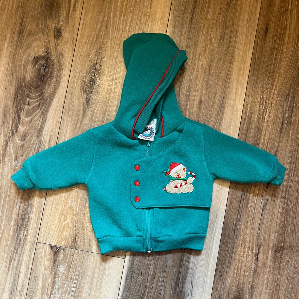 Vintage Santa’s Club Baby Christmas Hoodie Green Zip Jacket 3-6mo USA Made